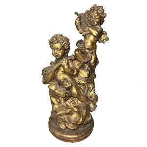 Antique Gold Cherub Statue Baroque-Style Angel Figurine with Musical Instruments